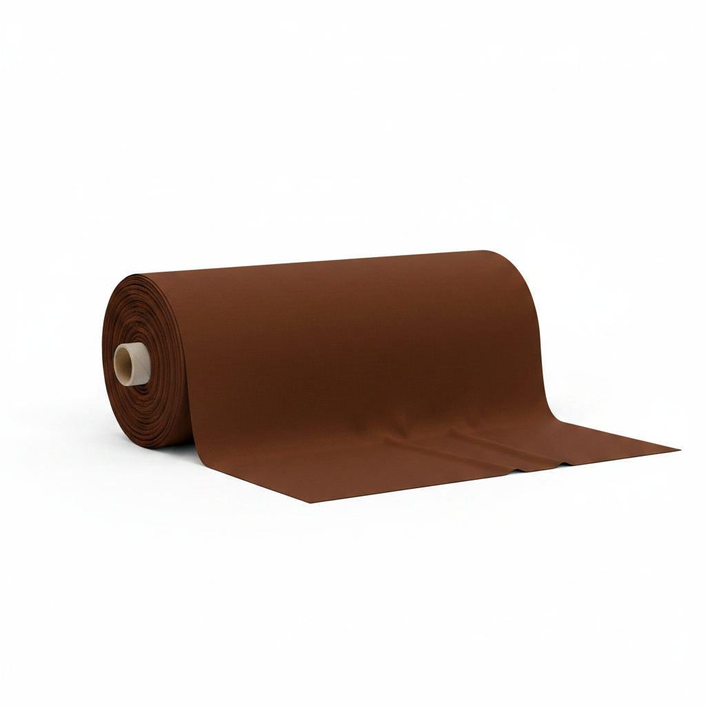 Chocolate brown cotton poplin fabric rolled as 20-metre thaan bolt with partially unrolled section displaying fabric face
