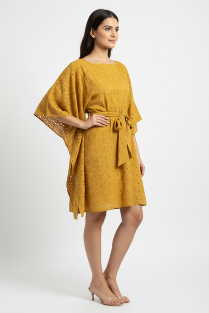Mustard Schiffli Kaftan Dress - Side Profile
