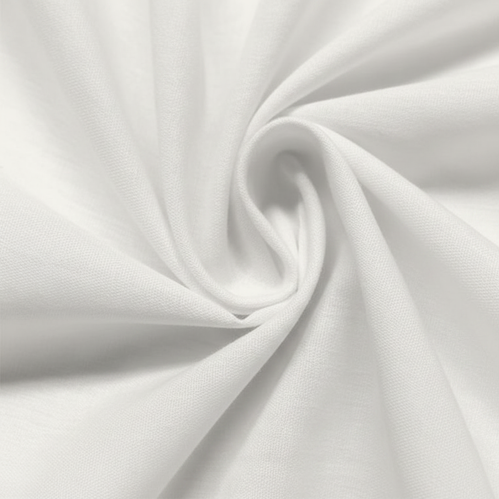 Close-up of white cotton blend fabric weave texture showing fine thread detail
