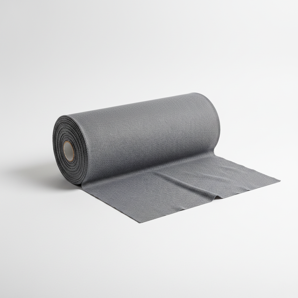 Grey jam cotton fabric rolled as professional thaan bolt with unrolled section displaying ribbed texture