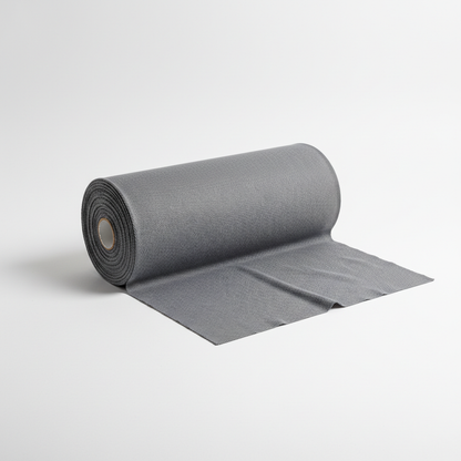Grey jam cotton fabric rolled as professional thaan bolt with unrolled section displaying ribbed texture