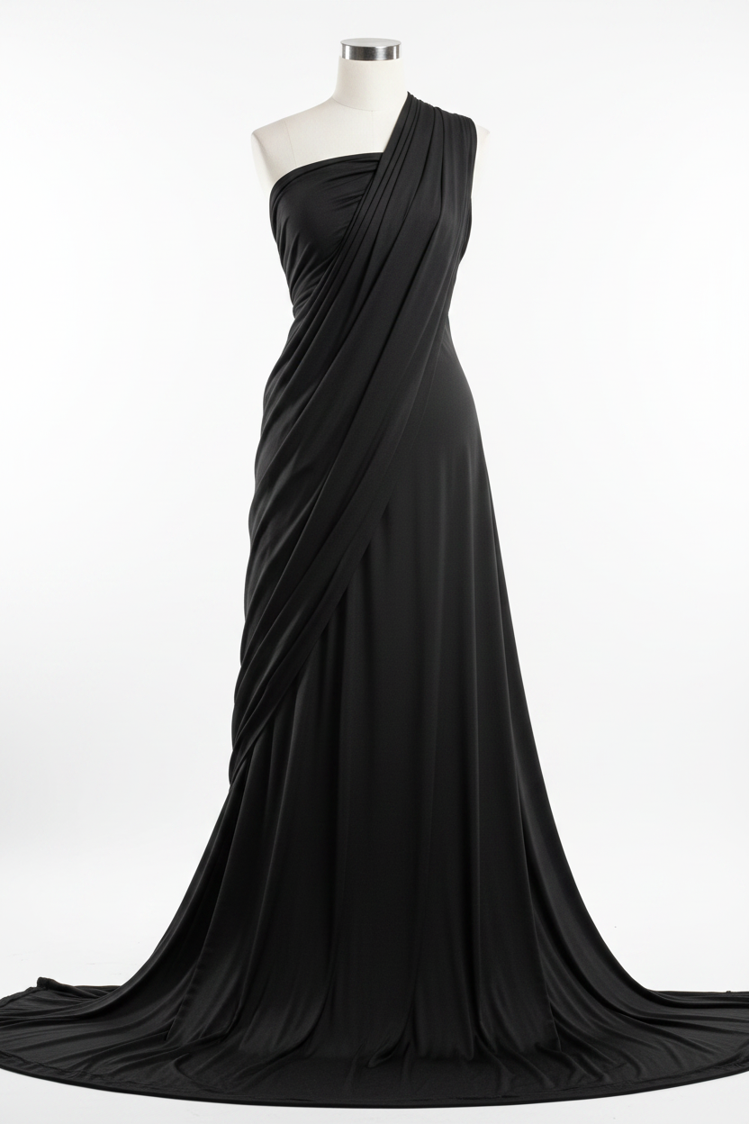 Black Cotton Poplin Lycra Fabric draped on mannequin showing fabric flow and stretch