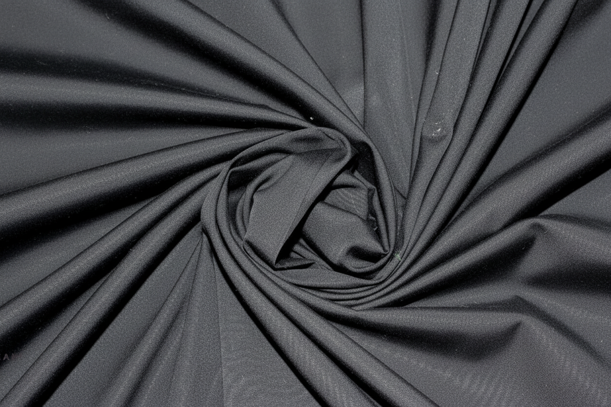 Close-up macro shot of Black Cotton Poplin Lycra Fabric showing fine rib texture and smooth weave