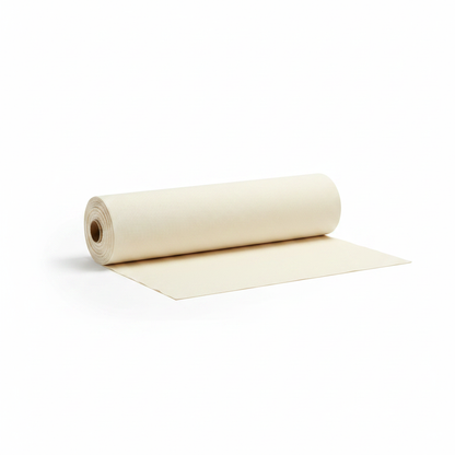 Off white jam cotton fabric rolled as professional thaan bolt with unrolled section displaying ribbed texture