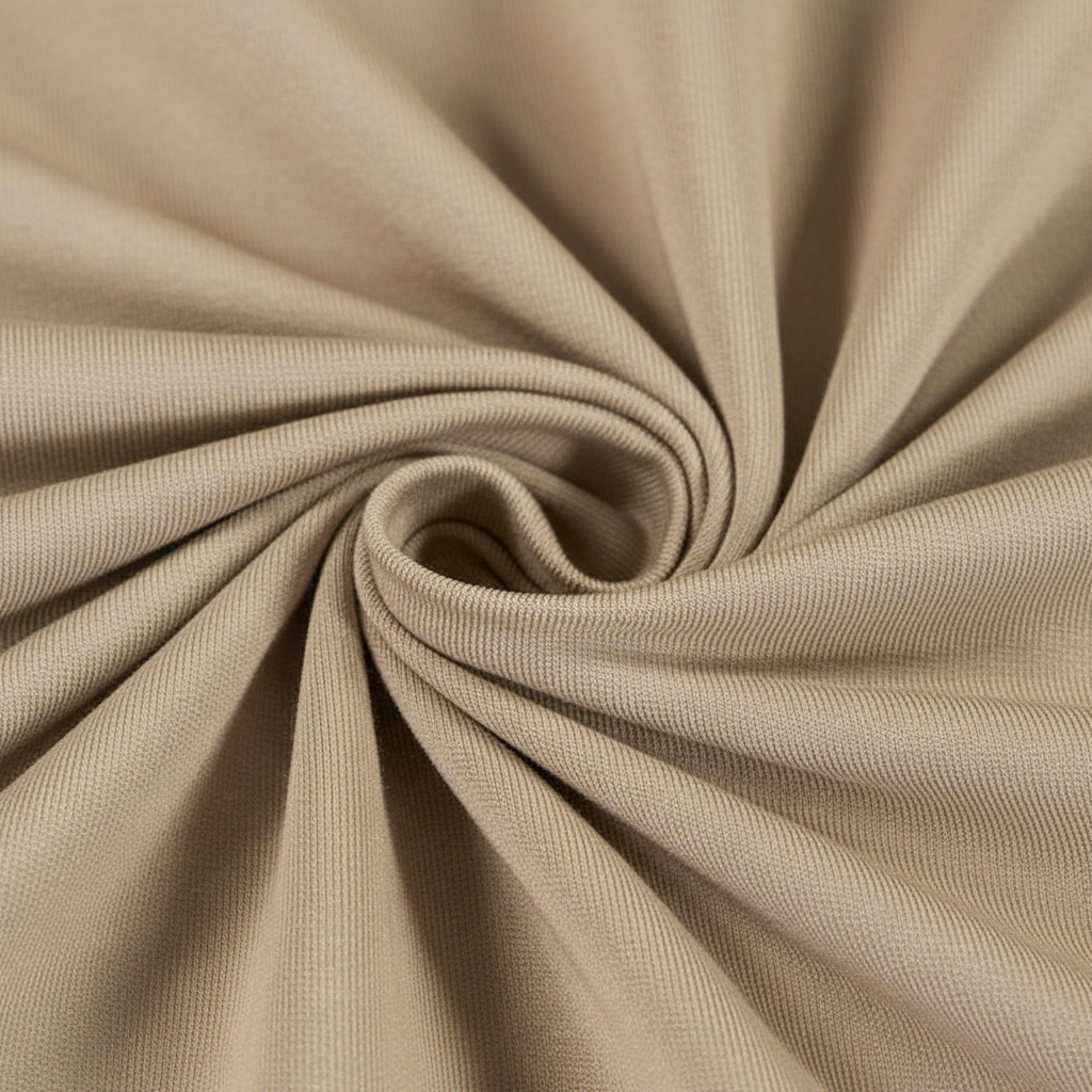 Extreme macro close-up of beige jam cotton fabric showing ribbed twill weave structure and thread detail