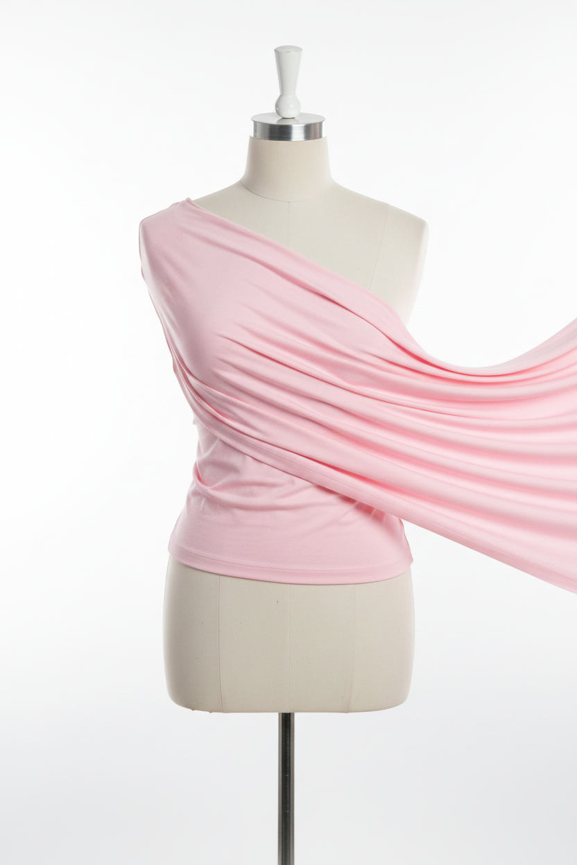 Baby Pink Cotton Poplin Lycra Fabric draped on mannequin showing fabric flow and stretch