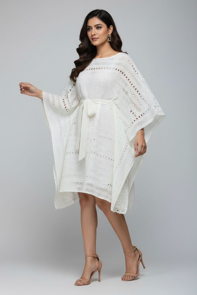 Kora Cutwork Stripes Chikankari Kaftan Dress - Three Quarter Angle