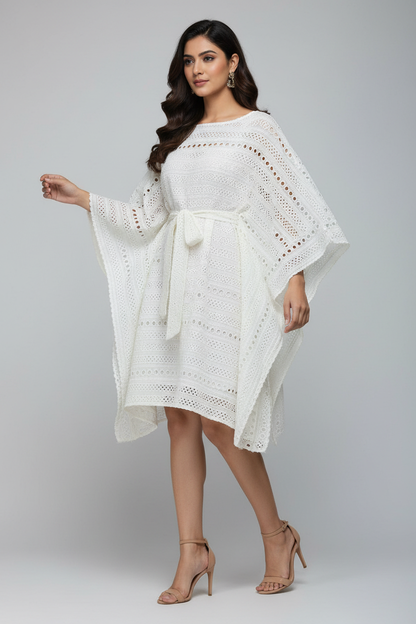 Kora Cutwork Stripes Chikankari Kaftan Dress - Three Quarter Angle