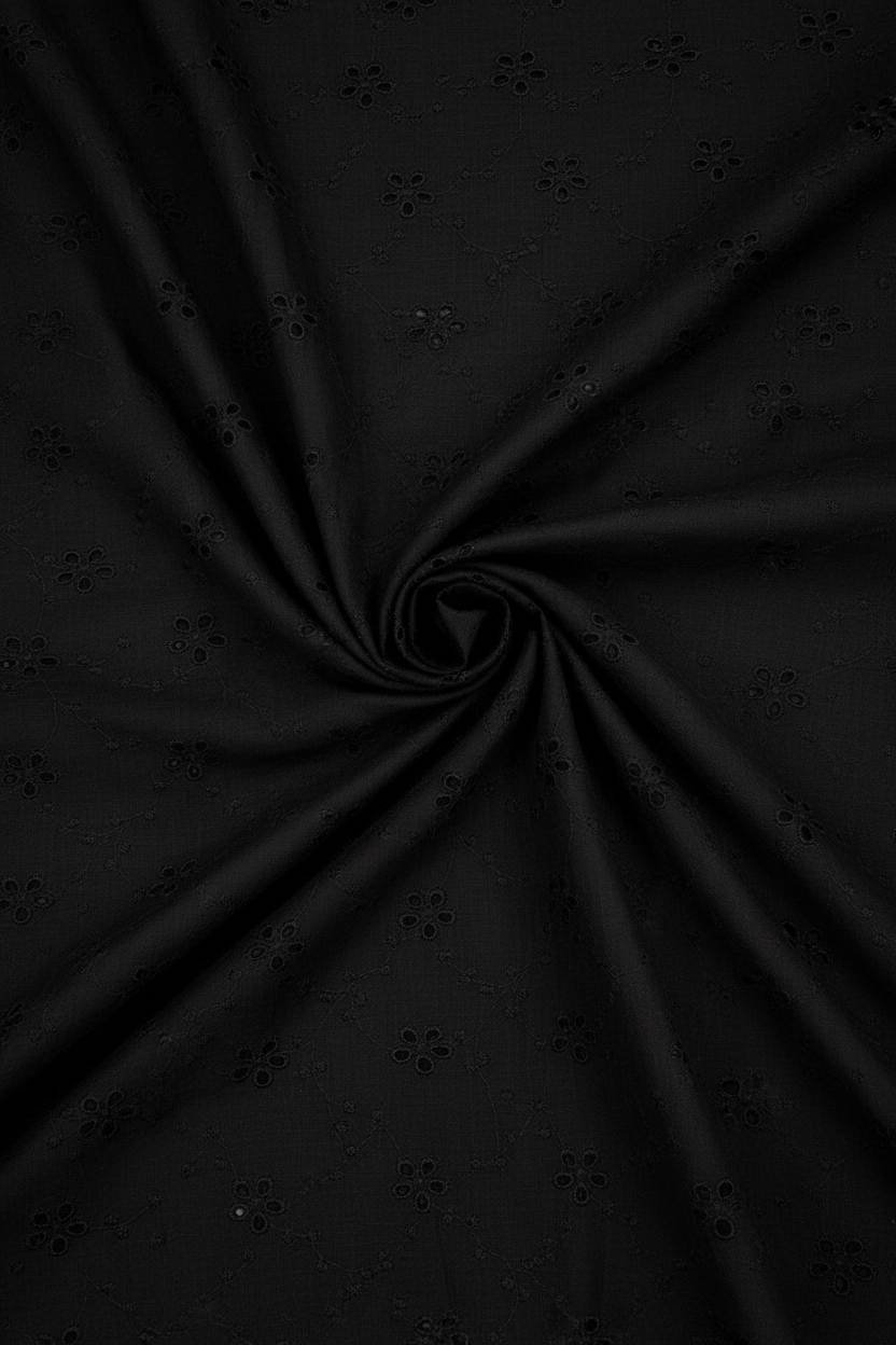 Black Blossom Schiffli Fabric – Twill Fold