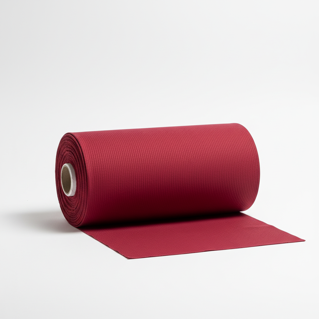 Carmine red jam cotton fabric rolled as professional thaan bolt with unrolled section displaying ribbed texture