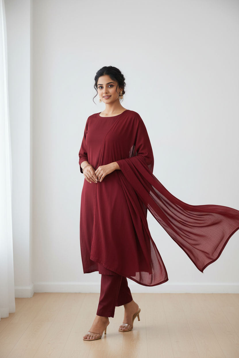 Indian woman wearing elegant maroon kurti made from Siyani Cotton Cambric Fabric