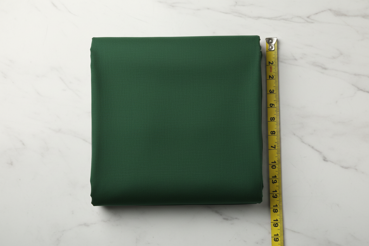 Flat lay of Bottle Green Cotton Poplin Fabric with measuring tape showing 44 inch width