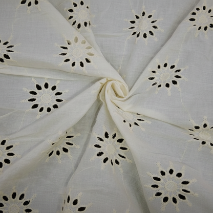 Close-up of natural off-white Kora cotton Hakoba fabric showing floral eyelet cutwork detail