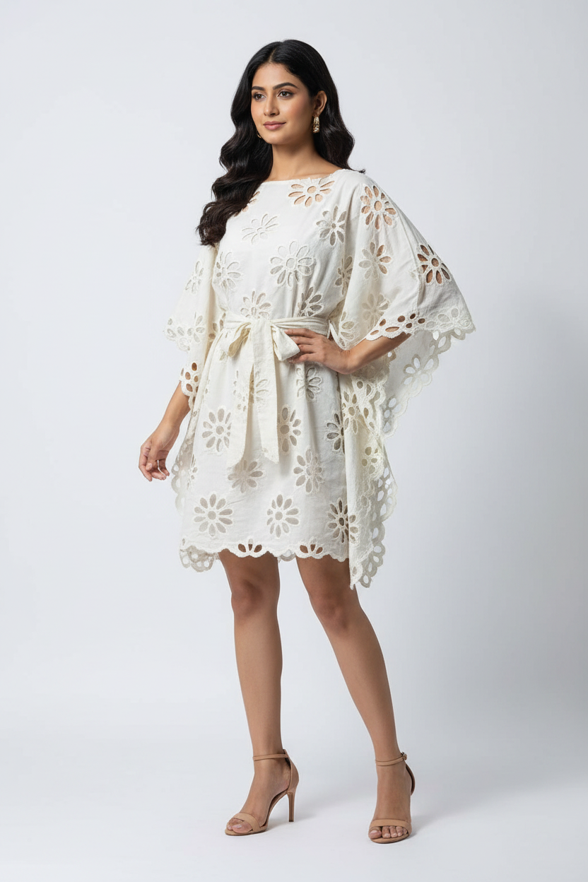 Kora Plain Floral Schiffli Kaftan Dress - Three Quarter Angle
