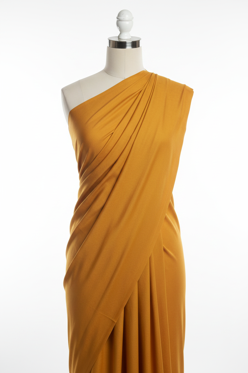 Mustard Cotton Poplin Lycra Fabric draped on mannequin showing fabric flow and stretch