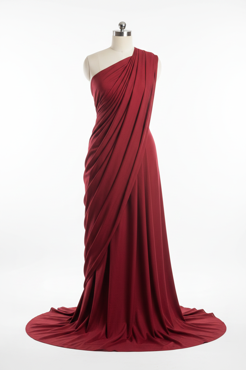 Maroon Cotton Cambric Fabric draped on mannequin showing fabric flow and soft drape