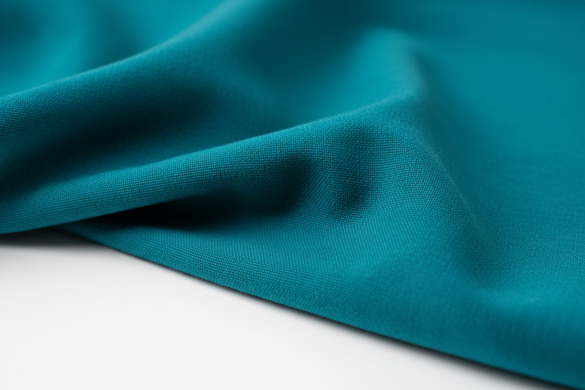 Close-up macro shot of Teal Cotton Poplin Lycra Fabric showing fine rib texture and smooth weave
