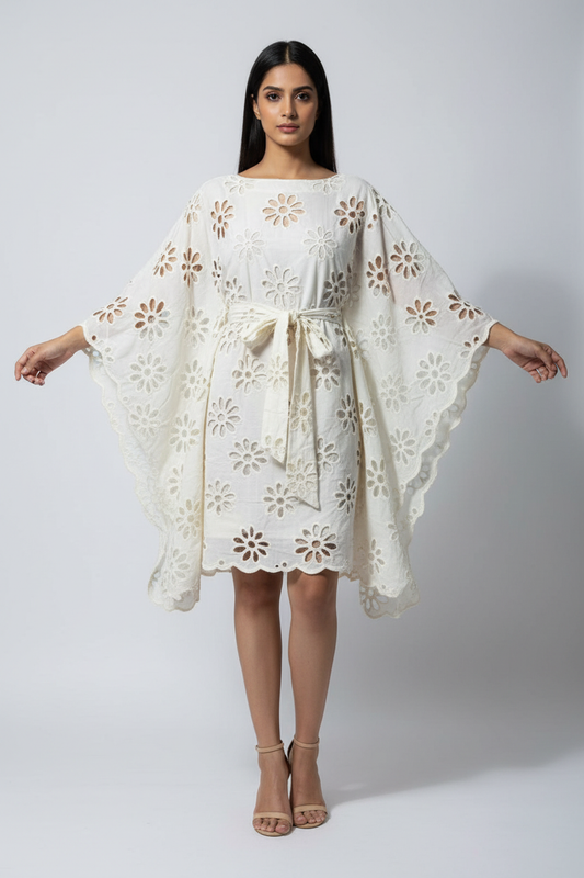 Kora Plain Floral Schiffli Kaftan Dress - Front View