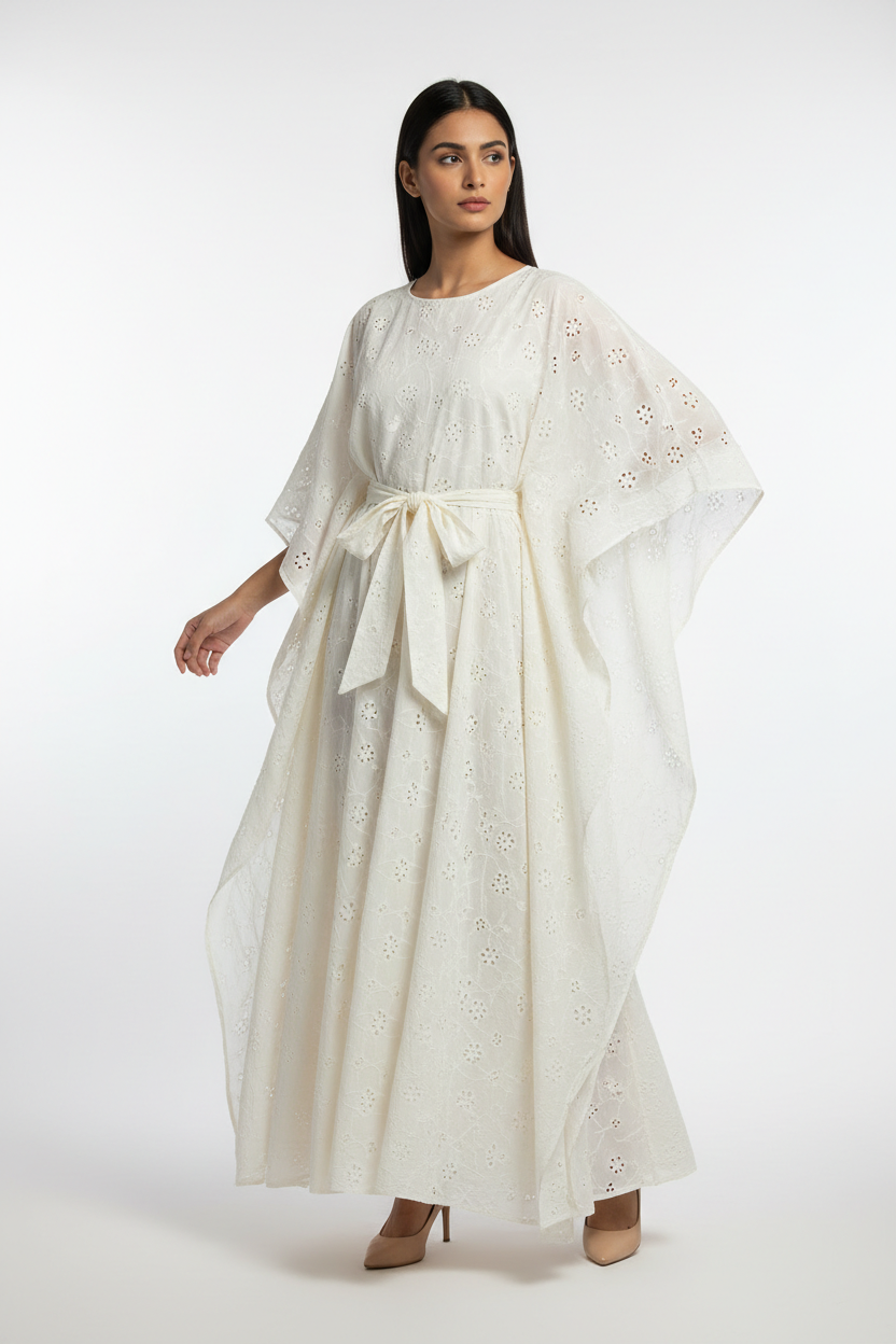 Off-White Floral Schiffli Kaftan Dress - Three Quarter Angle
