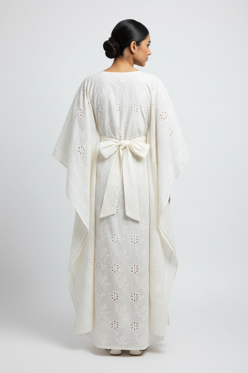 Off-White Floral Schiffli Kaftan Dress - Back View