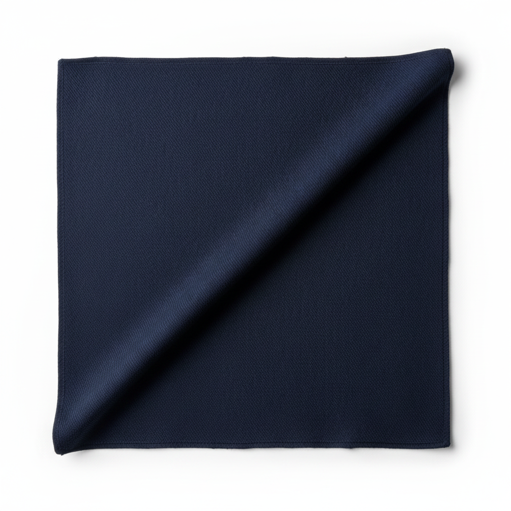 Navy blue rayon slub lycra fabric diagonal fold hero shot showing drape and stretch