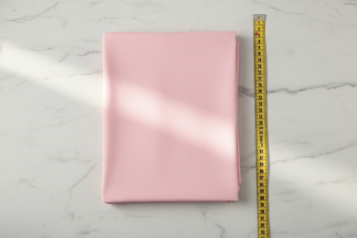 Flat lay of Pink Cotton Cambric Fabric with measuring tape showing 44 inch width