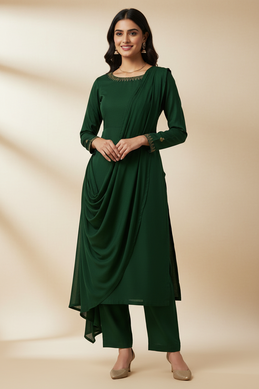 Indian woman wearing elegant bottle green kurti made from Siyani Cotton Poplin Fabric