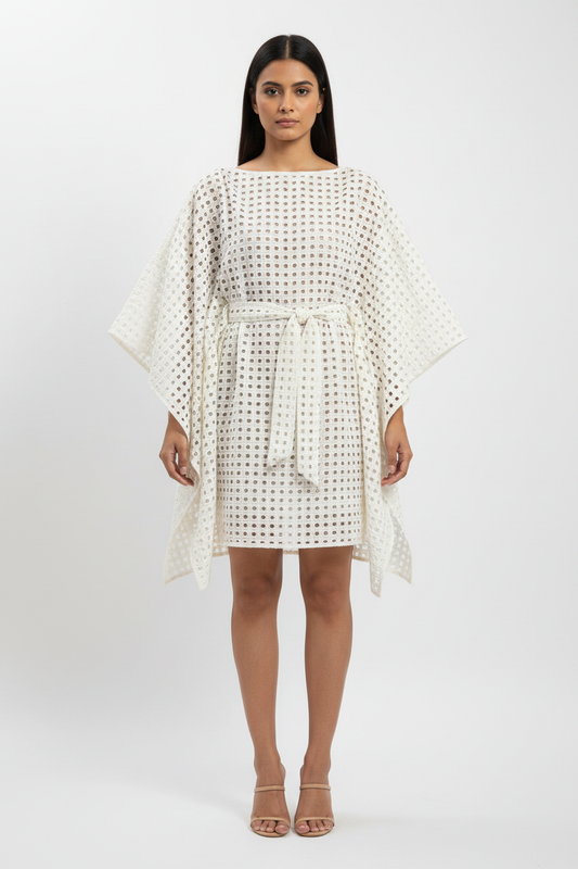 Off-White Box Hole Schiffli Kaftan Dress - Front View
