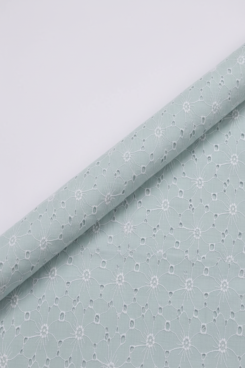 Light Blue Floral Eyelet Schiffli Cotton Fabric – Twill Fold