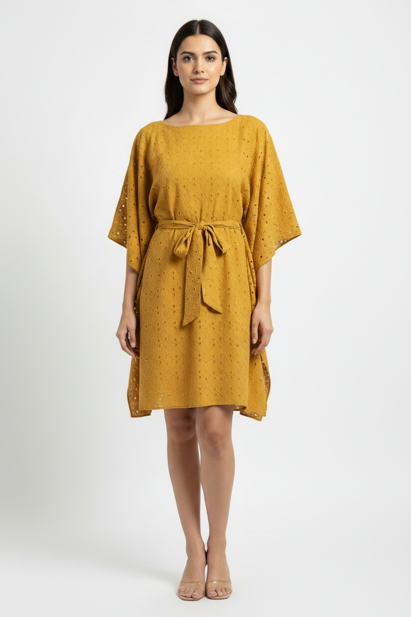 Mustard Schiffli Kaftan Dress - Front View