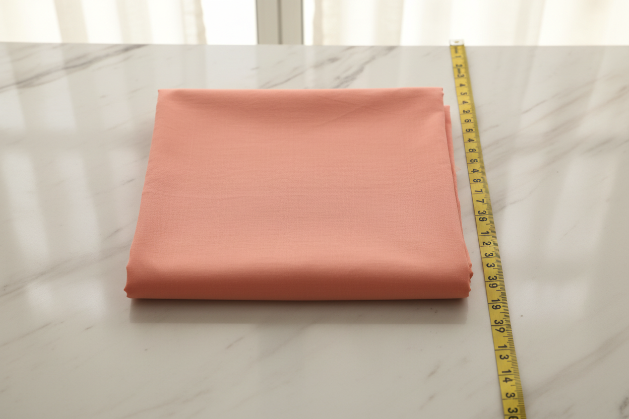 Flat lay of Peach Cotton Cambric Fabric with measuring tape showing 44 inch width