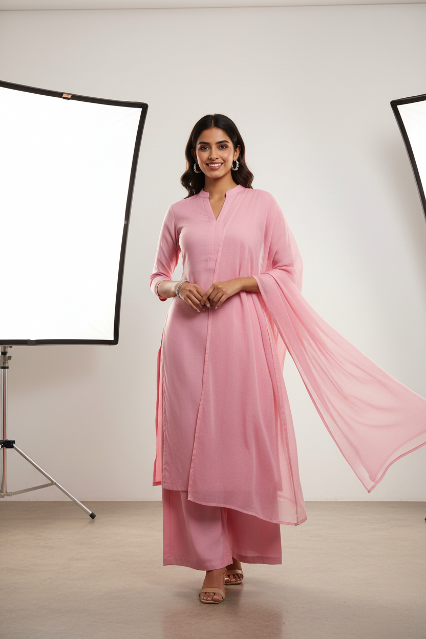 Indian woman wearing elegant baby pink kurti made from Siyani Cotton Cambric Fabric