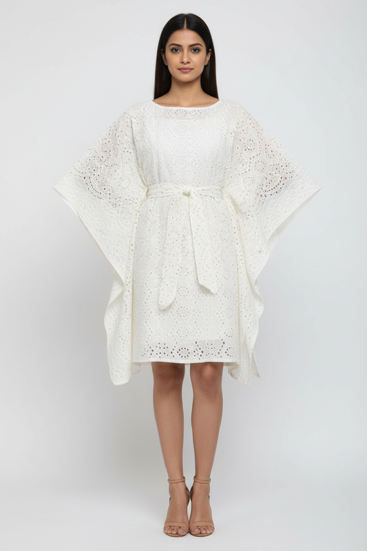 Kora Chikankari Kaftan Dress - Front View