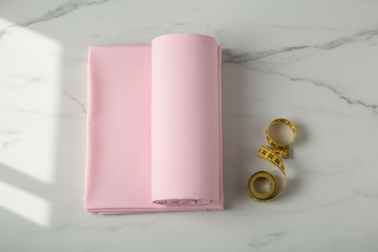 Flat lay of Baby Pink Cotton Poplin Lycra Fabric with measuring tape