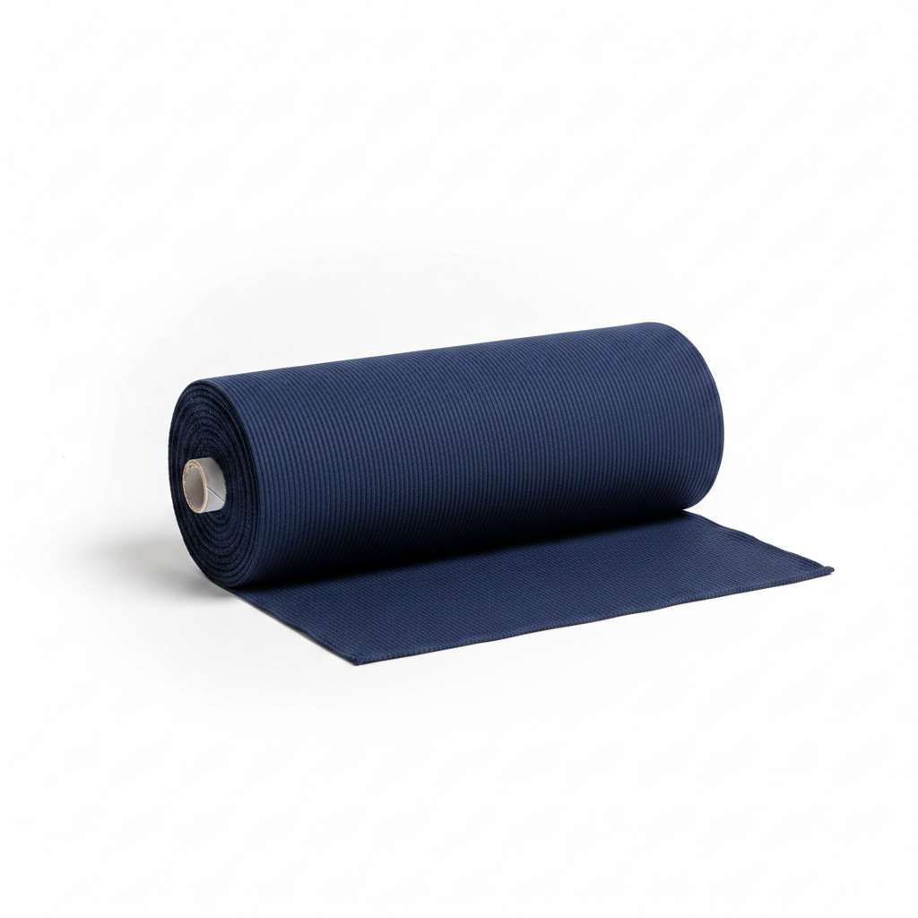 Royal blue jam cotton fabric rolled as professional thaan bolt with unrolled section displaying ribbed texture