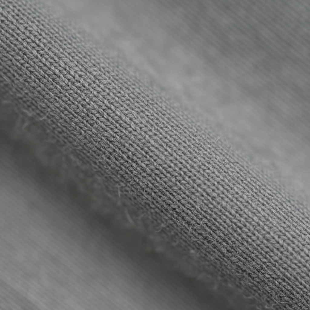 Extreme macro close-up of grey jam cotton fabric showing ribbed twill weave structure and thread detail
