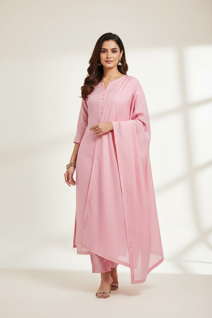 Indian woman wearing elegant baby pink kurti made from Siyani Cotton Poplin Lycra Fabric