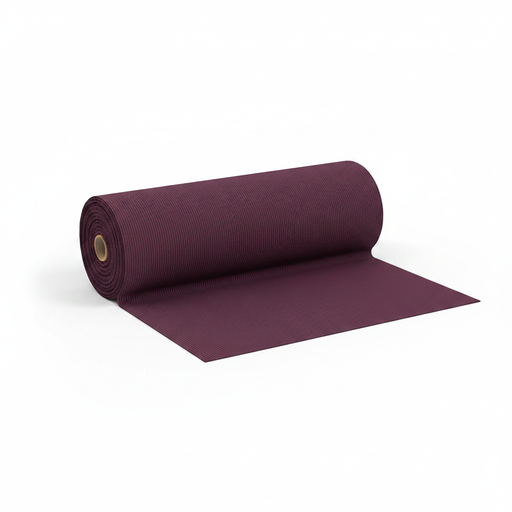 Wine jam cotton fabric rolled as professional thaan bolt with unrolled section displaying ribbed texture