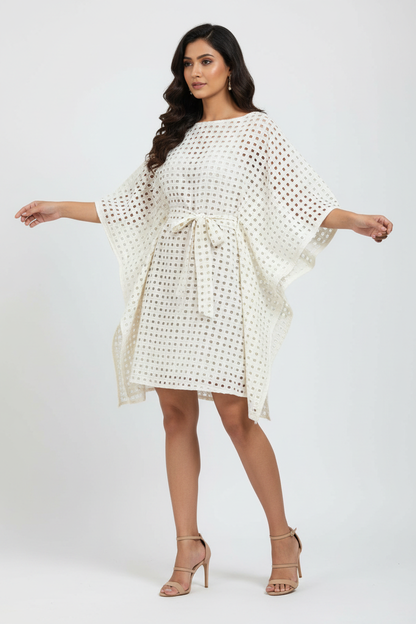 Off-White Box Hole Schiffli Kaftan Dress - Three Quarter Angle