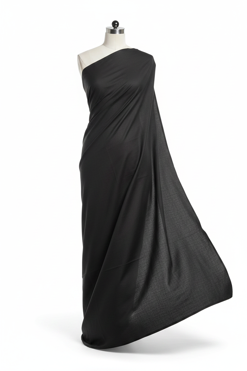 Black Cotton Cambric Fabric draped on mannequin showing fabric flow and soft drape