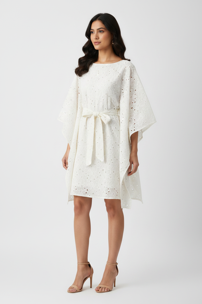Kora Flower Pattern Schiffli Kaftan Dress - Three Quarter Angle