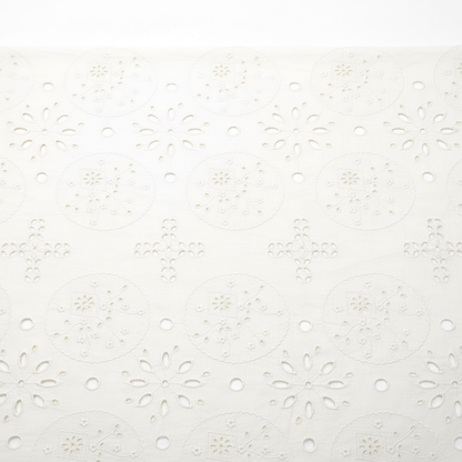 Off-white geometric floral Hakoba cotton Schiffli embroidery fabric with circular medallion and cross cutwork