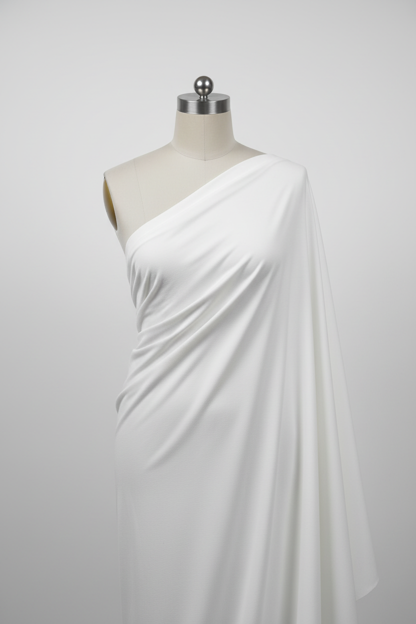 White Cotton Poplin Lycra Fabric draped on mannequin showing fabric flow and stretch