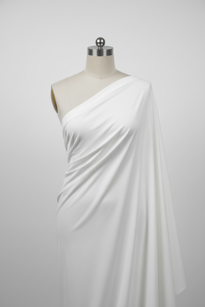 White Cotton Poplin Lycra Fabric draped on mannequin showing fabric flow and stretch
