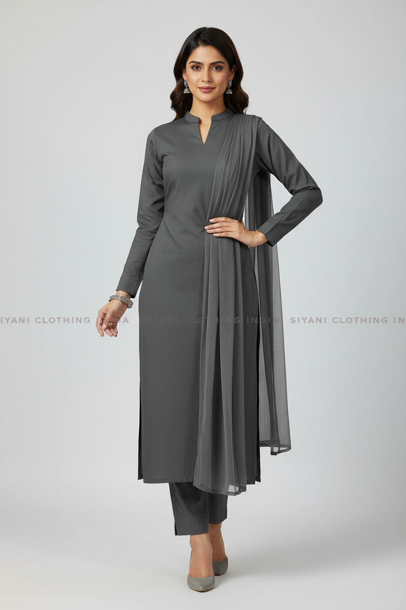 Indian woman wearing elegant grey kurti made from Siyani Cotton Poplin Lycra Fabric