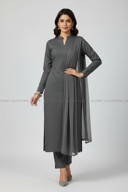 Indian woman wearing elegant grey kurti made from Siyani Cotton Poplin Lycra Fabric