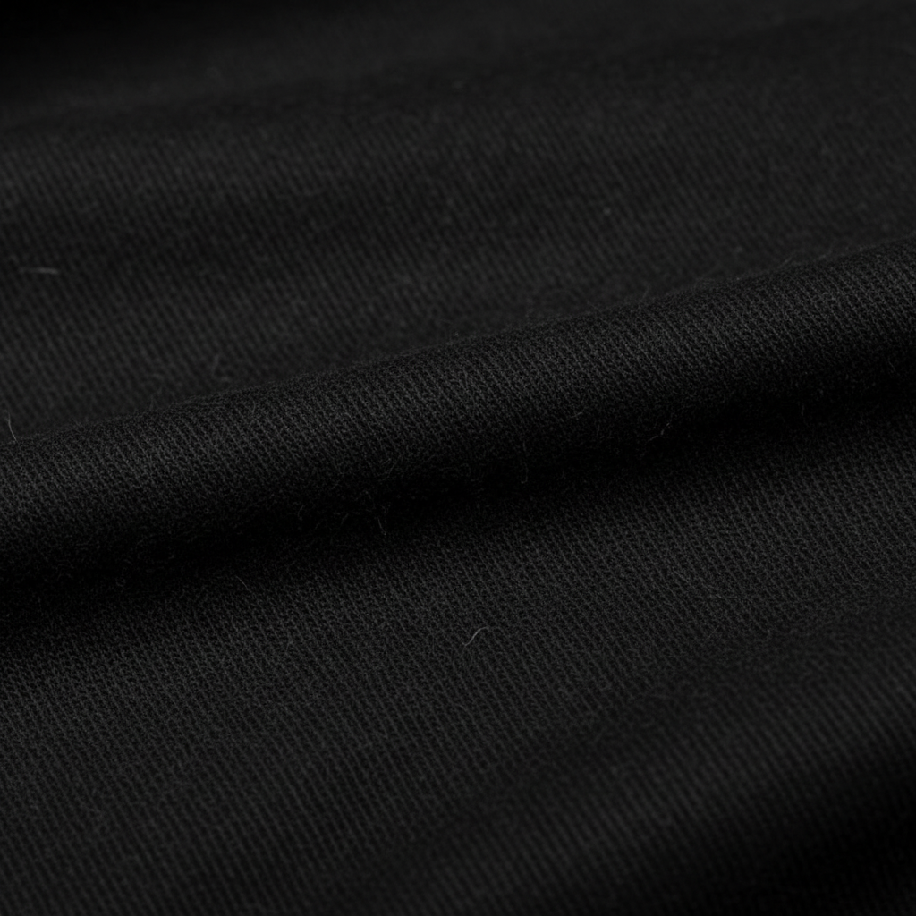 Extreme macro close-up of black jam cotton fabric showing ribbed twill weave structure and thread detail