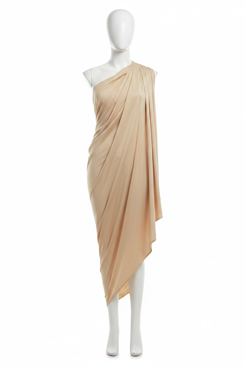 Beige Cotton Cambric Fabric draped on mannequin showing fabric flow and soft drape