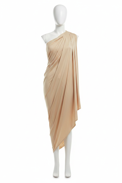 Beige Cotton Cambric Fabric draped on mannequin showing fabric flow and soft drape