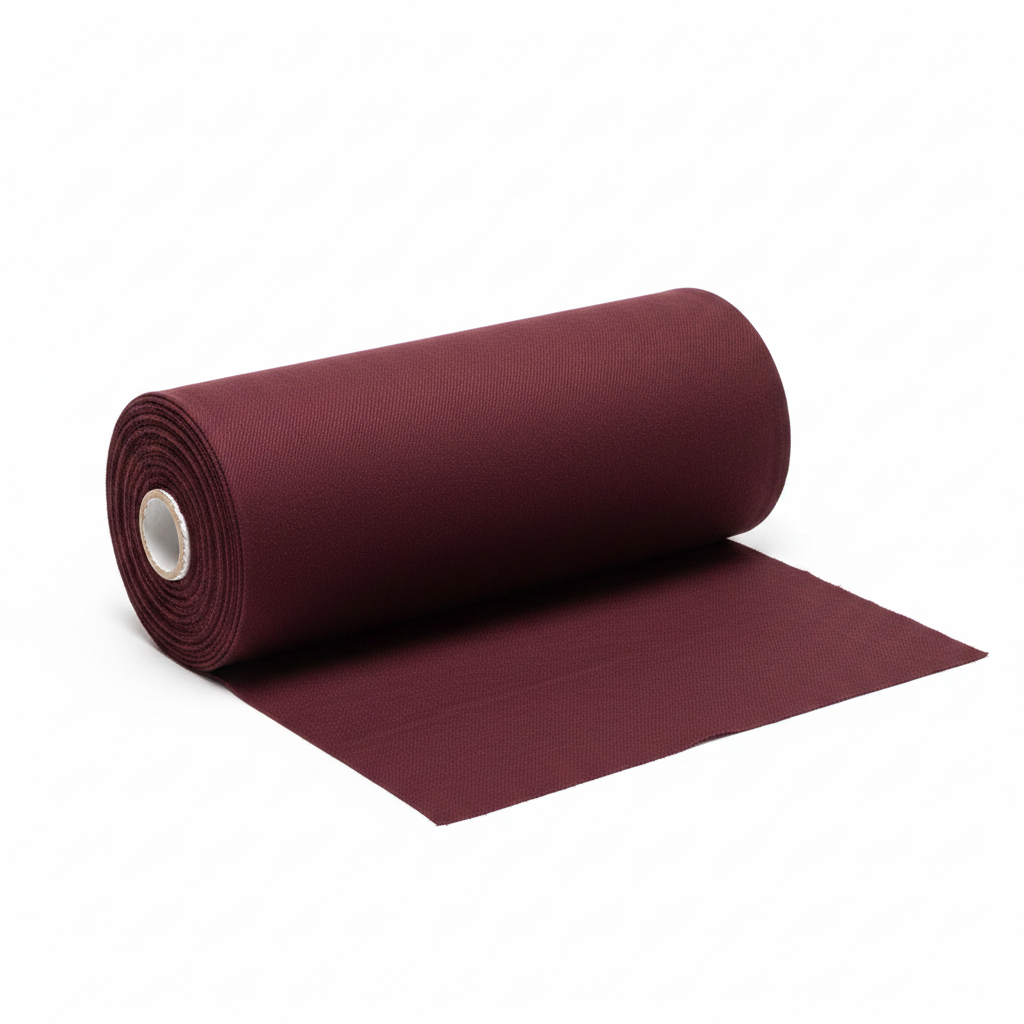 Mahroon rayon slub lycra fabric thaan bolt roll with unrolled section showing texture